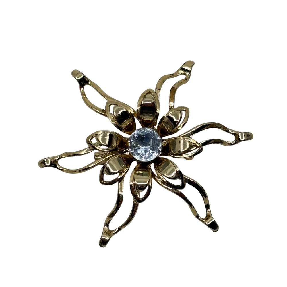 Vintage Gold Tone Layered Flower Brooch Blue Rhinestone Center Starburst MCM 2"